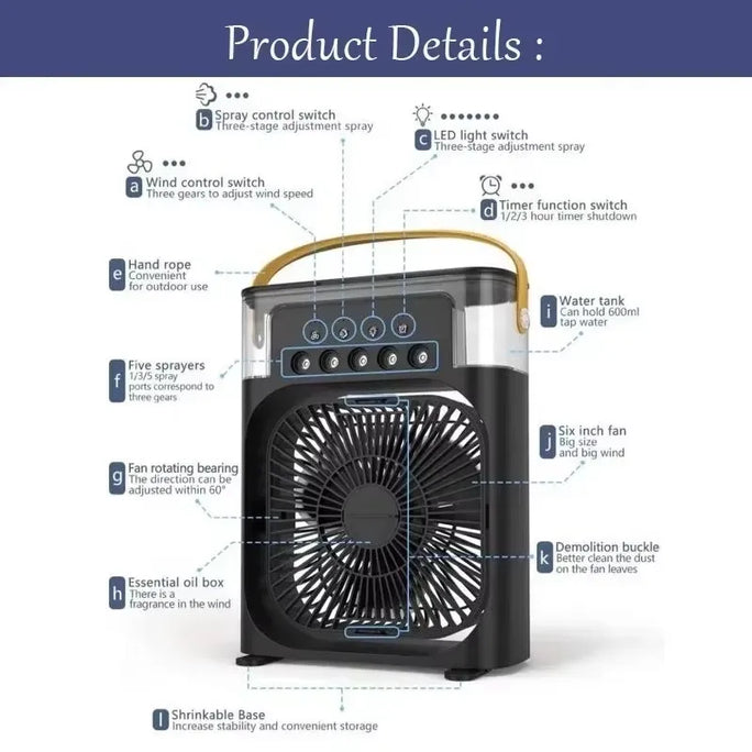 3-in-1 Portable Air Cooler, Humidifier & LED Night Light